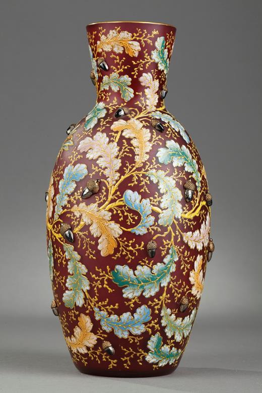 Moser karlsbad enamel glass vase 19th, century with hot-applied acorn 