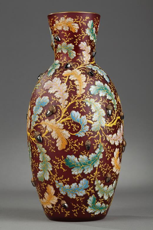Moser karlsbad enamel glass vase 19th, century with hot-applied acorn 