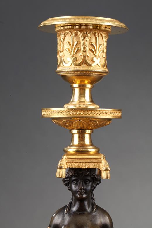candelstick, pair, cariatyd, bronze, ormaolu, gilt, patinated, Empire, 19th century, Restauration, palmette