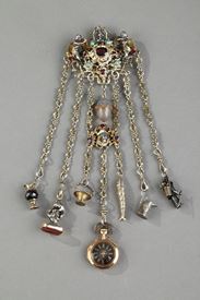 Mid-19th century silver and enamelled chatelaine with gold watch. 