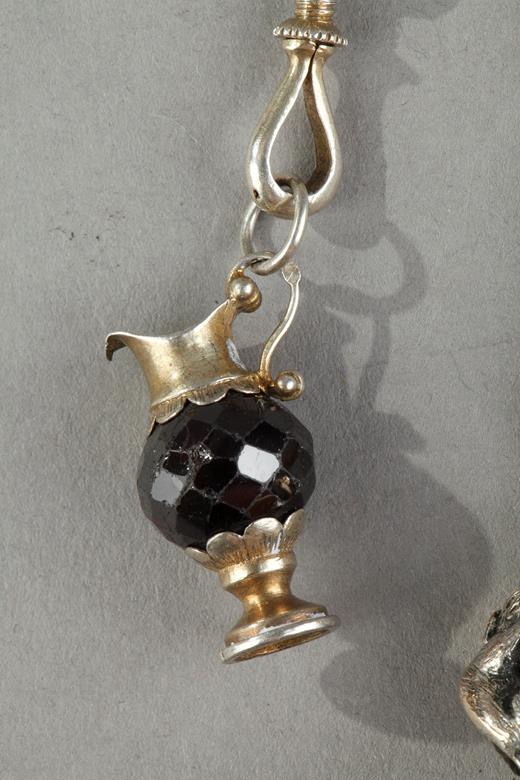 silver, gold, chatelaine, hook, watch, agate, enamel, neogothic, Victorian, seal