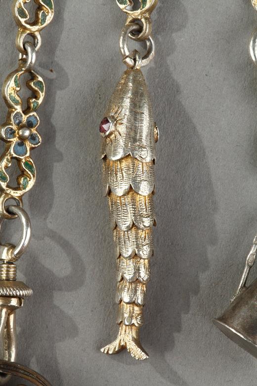 19 century  silver  chatelaine and gemstones with charms