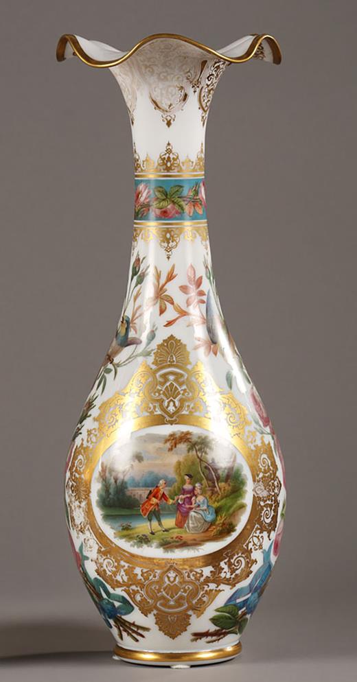 Opaline, gold, scrolls, Jean-François Robert, 19th, century,  Victorian, Victoria, Restauration, Vases, pair, landscape, Baccarat, Bercy, Creusot