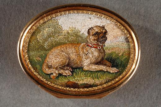 gold and micromosaic vinaigrette with dog carlin from workshop aguatti