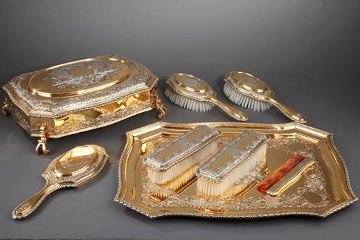 silverware, brush, gilt, silver, 20th, century, necessaire, comb, miror