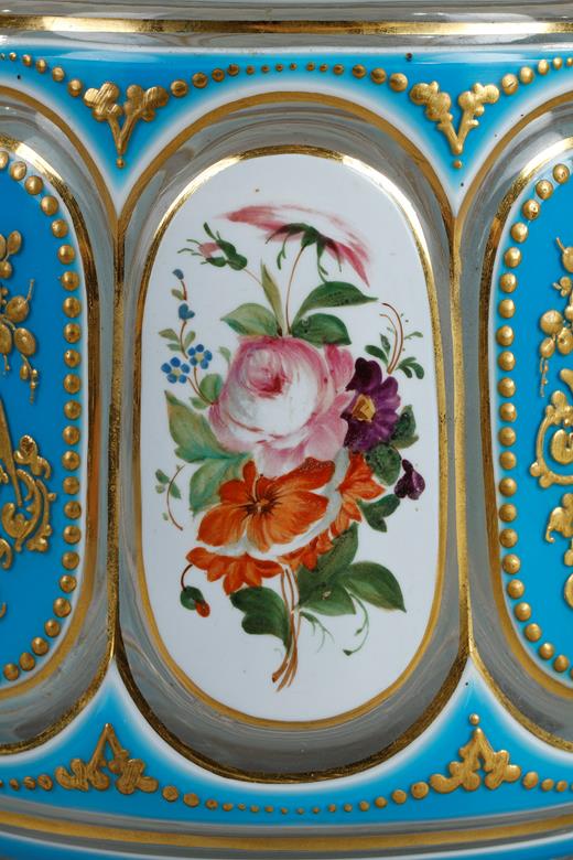 overlay water bottle in opaline enamel of flowers, napoleon 3