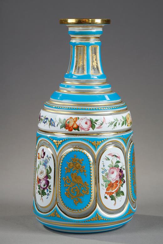 overlay water bottle in opaline enamel of flowers, napoleon 3