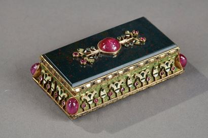 Late 19th century Egyptian Revival gold box with rubies, emeralds and enamel. 