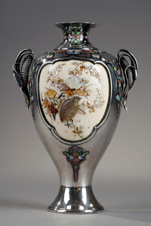    Meiji period ivory, silver and agate vase