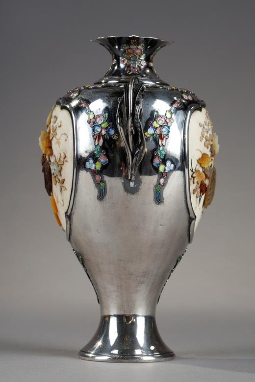    Meiji period ivory, silver and agate vase