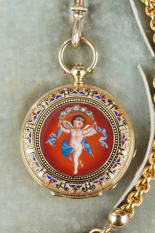gold and enamel watch chatelaine  Junod  Frères from Geneva