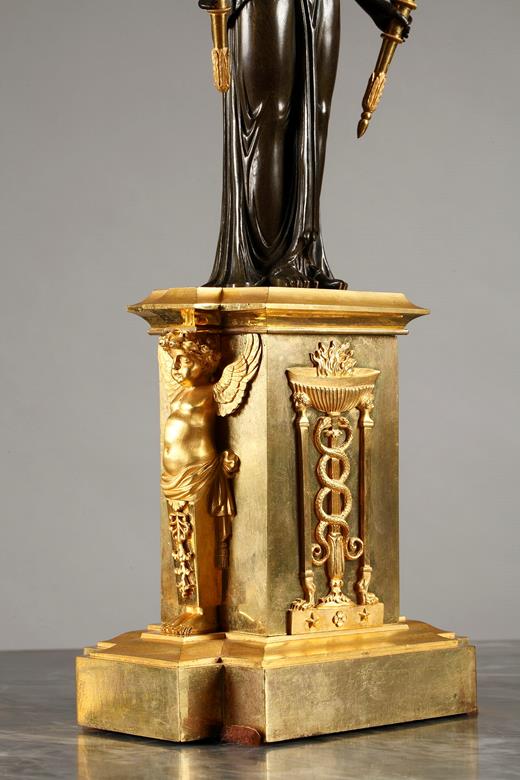 patinated and gilt candelabra, early nineteen century candelabra, Empire ormolu candelsticks, Charles Percier and François-Léonard Fontaine, Thomire candelabre, Victory in bronze,  peacock on a globe,