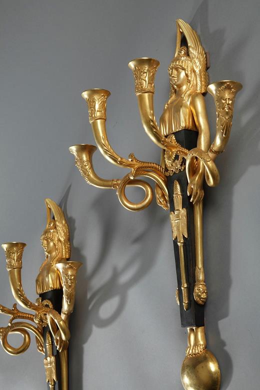Ormolu, pair of sconces, Empire, XIX century, Antiques, patinated bronze, gilt bronze