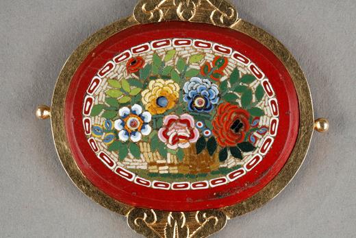 brooch, pendant, micromosaic pendant, Rome micomosaic, gold pendant, bird micromosaic, 19 century