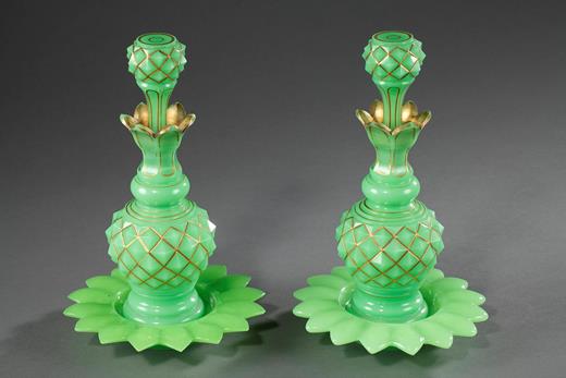 Green opaline pair of flasks 19 th century