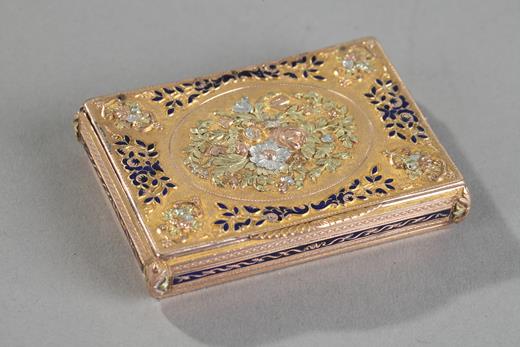 gold, box, rectangular, enamel, blue, flowers, 19th, century, swiss, Hanau