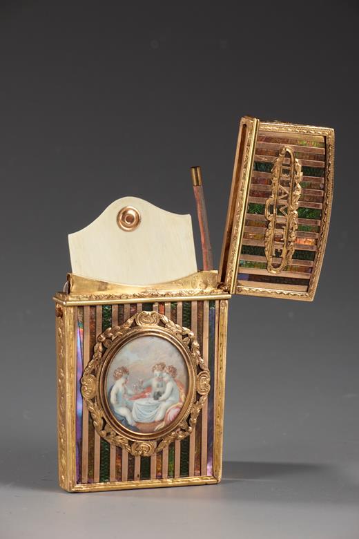 dance card, 18th century, gold, enamel, miniature, putti, souvenir, amitié