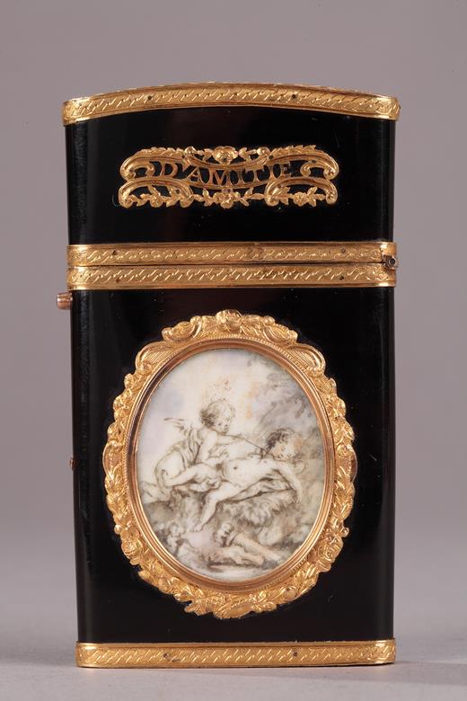 Gold panel and vernis Martin writing case.<br/>
Louis XVI period.