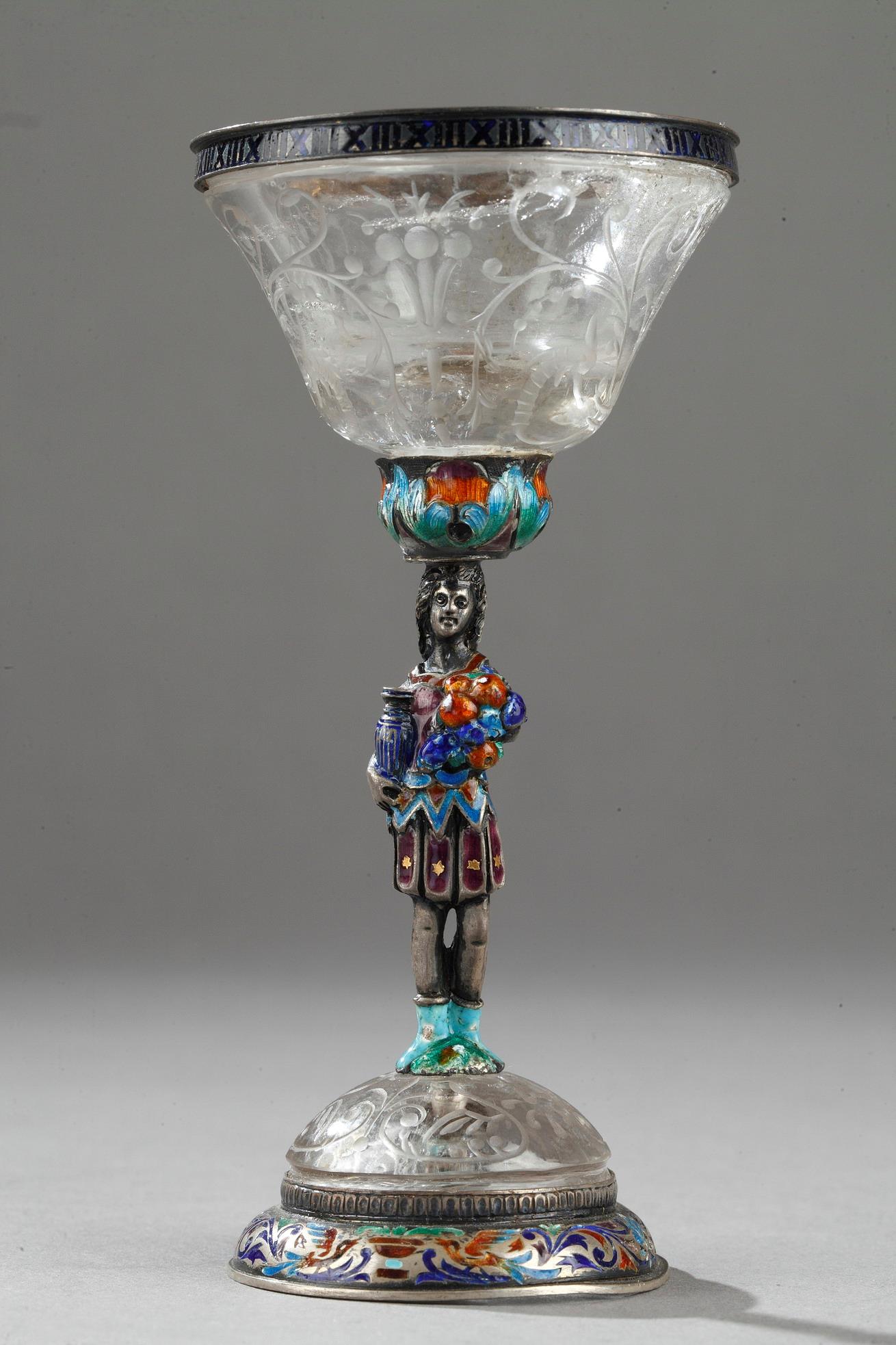 19th century Austrian rock crystal, silver and enamel Cup by S.Grünwald.