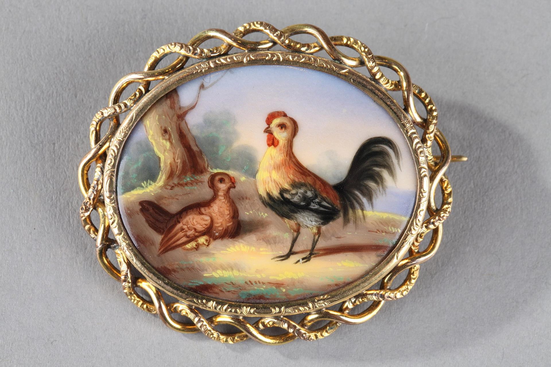 Mid-19th Century Gold And Porcelain Brooch. Hen And Rooster. 