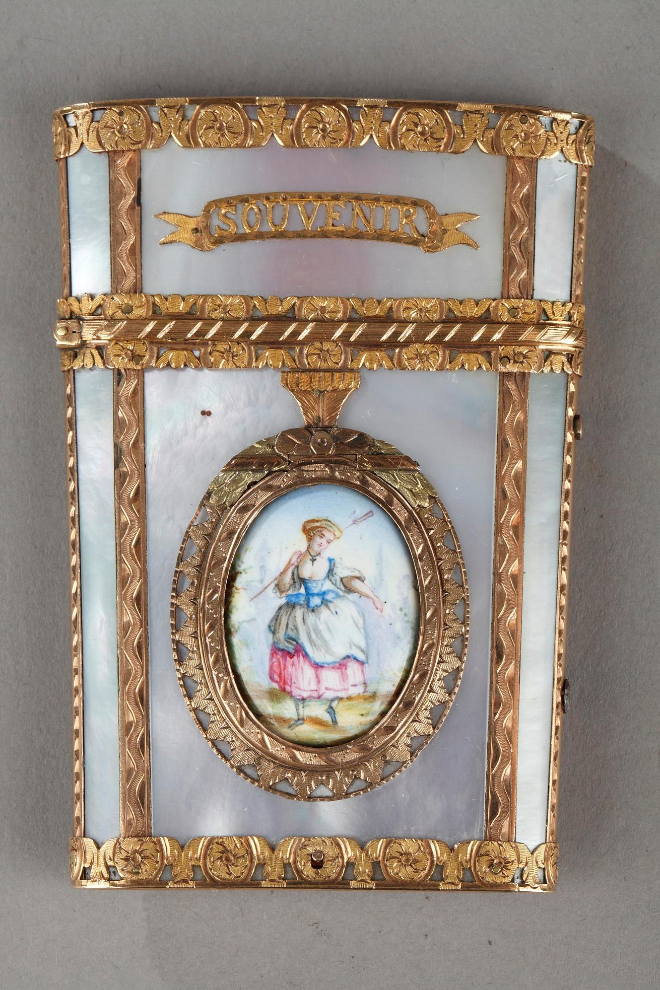 dancer card, secret, mother of pearl, gold, enamel, miniature, style 18th, 19th century, souvenir d'amitié