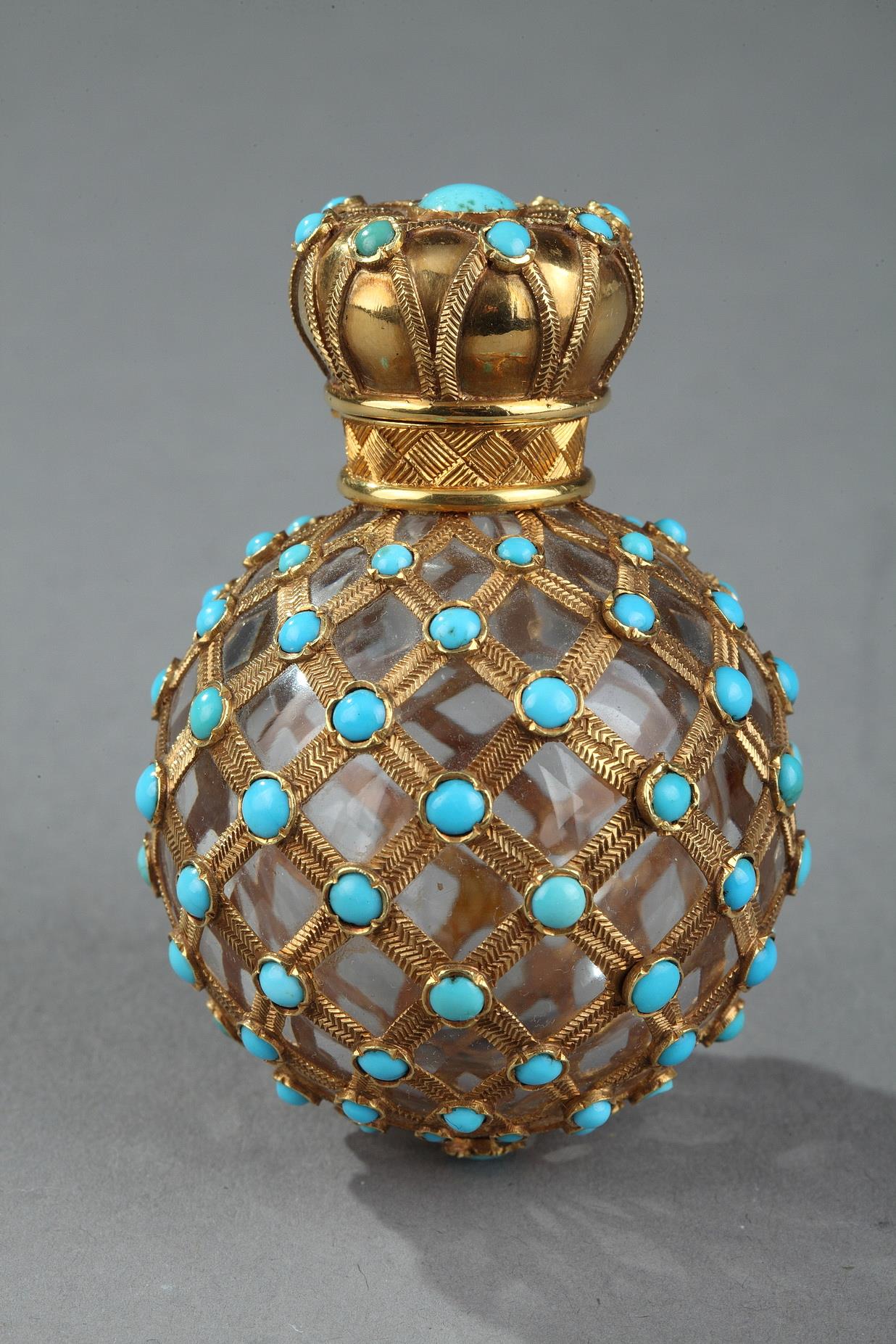 flask, perfum, gold, turquoise peral, cabochon, Restoration, 19 century