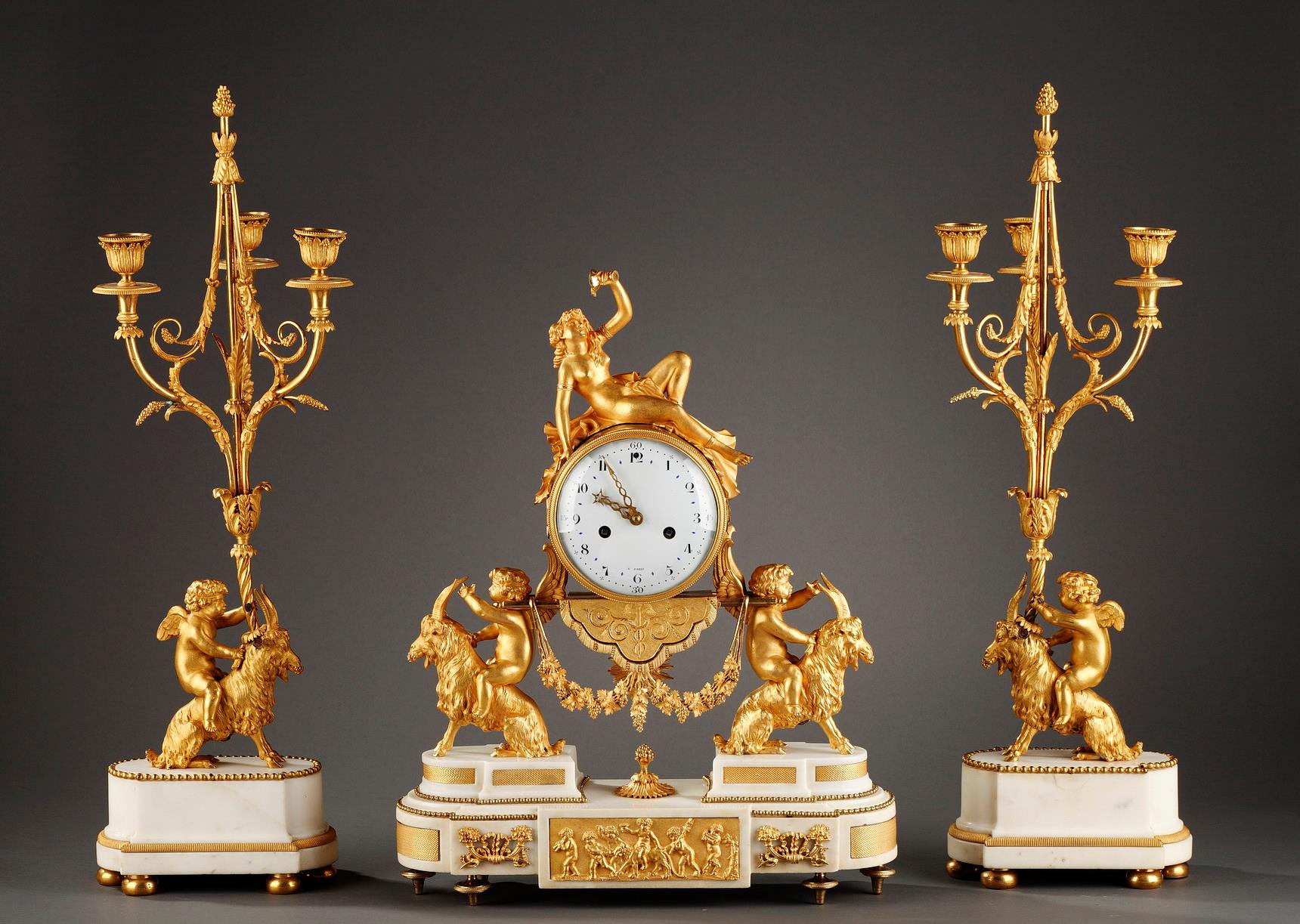 Mantel, set, clock, marble, white, gilt, bronze, bacchante, grappes, goals, Versailles, Marie-Antoinette, Louis XVI, horloge, clock, Louvre, Tardy, 18th century