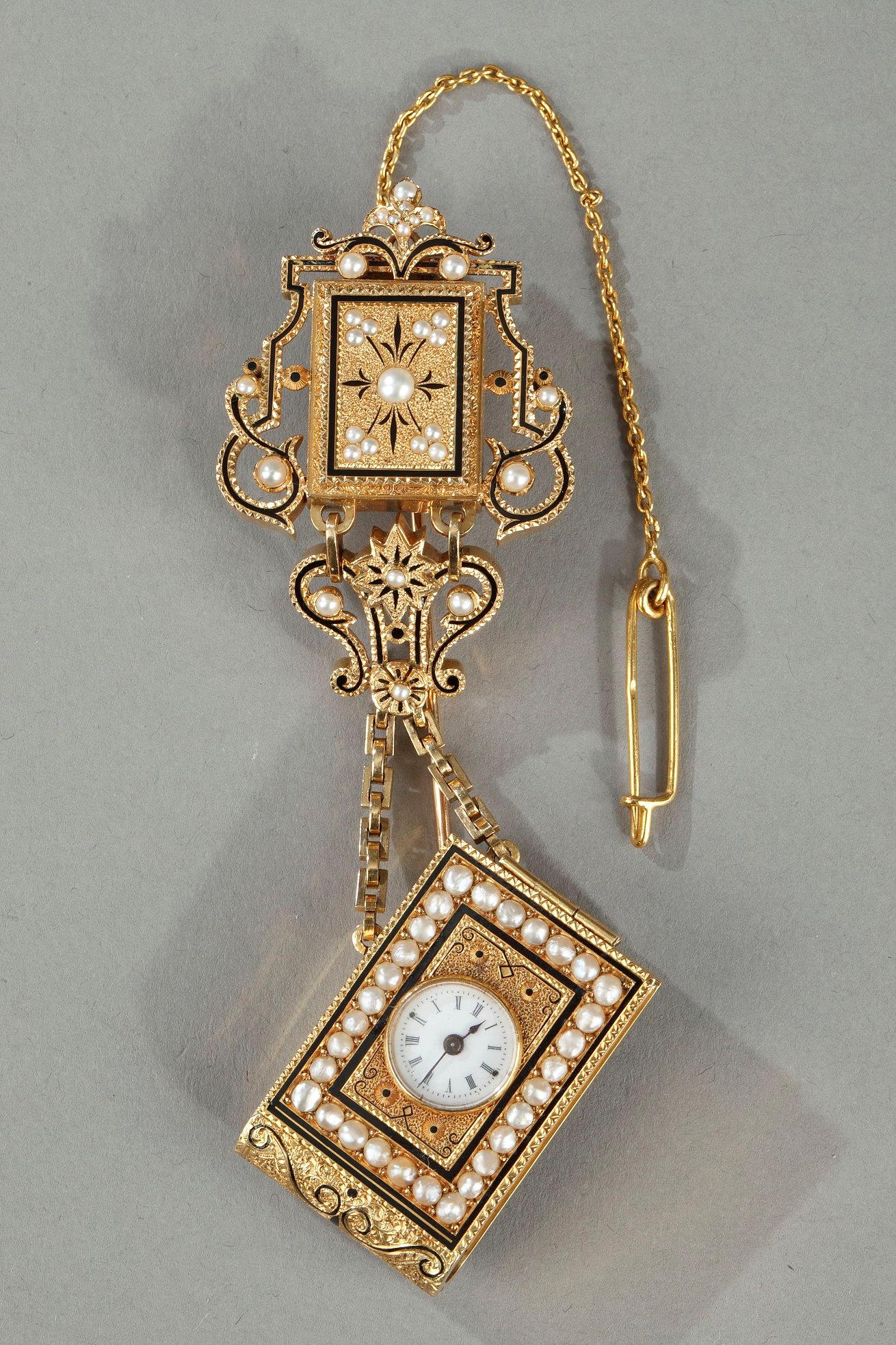 A 19th Century gold and enamel watch with associated chatelaine.