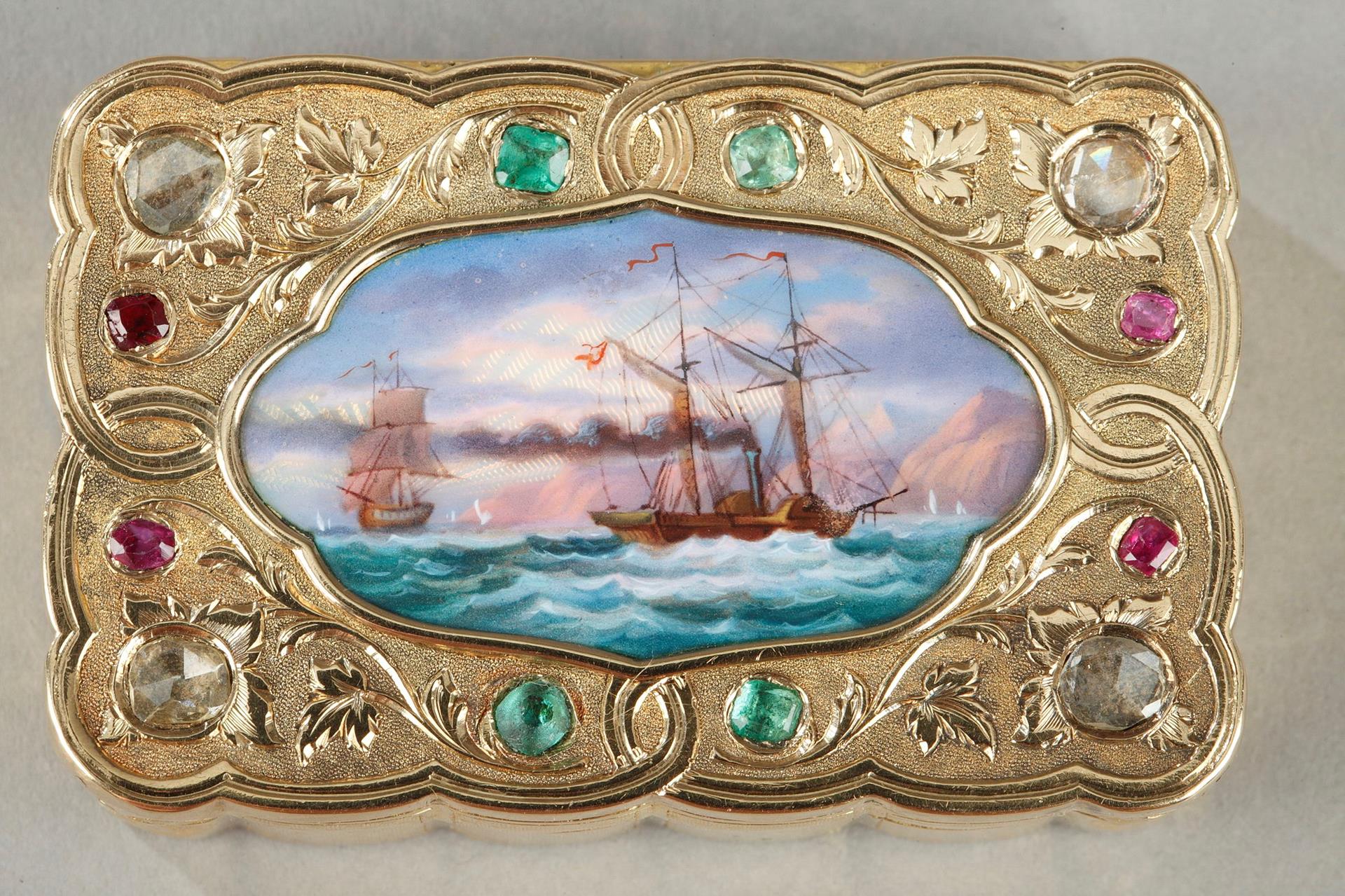 A SWISS ENAMELLED GOLD SNUFF-BOX FOR THE ORIENTAL MARKET. <br>Circa 1820-1830