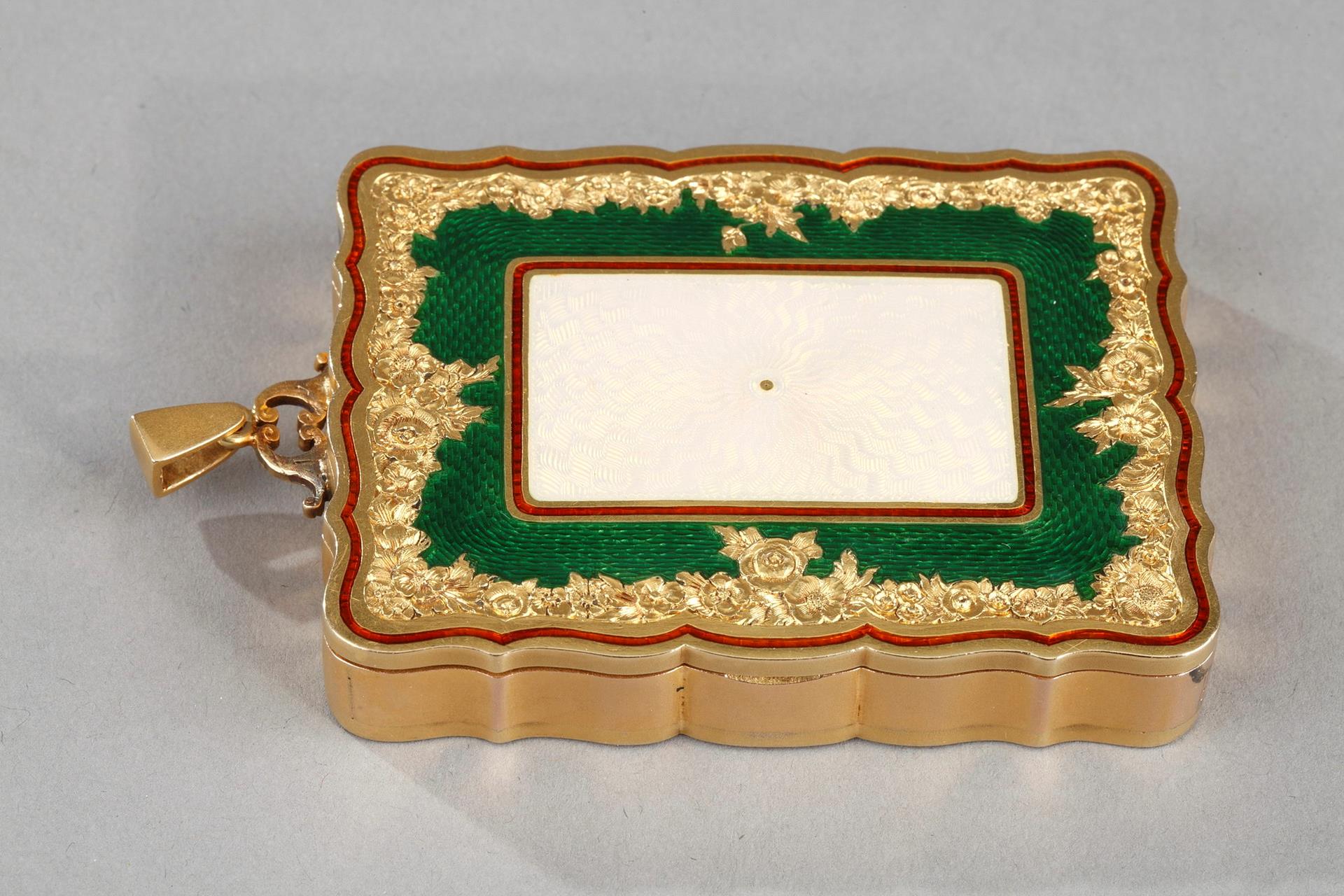 A jewelled two colour gold mounted and guilloché enamel carnet de bal. 
XXth century 