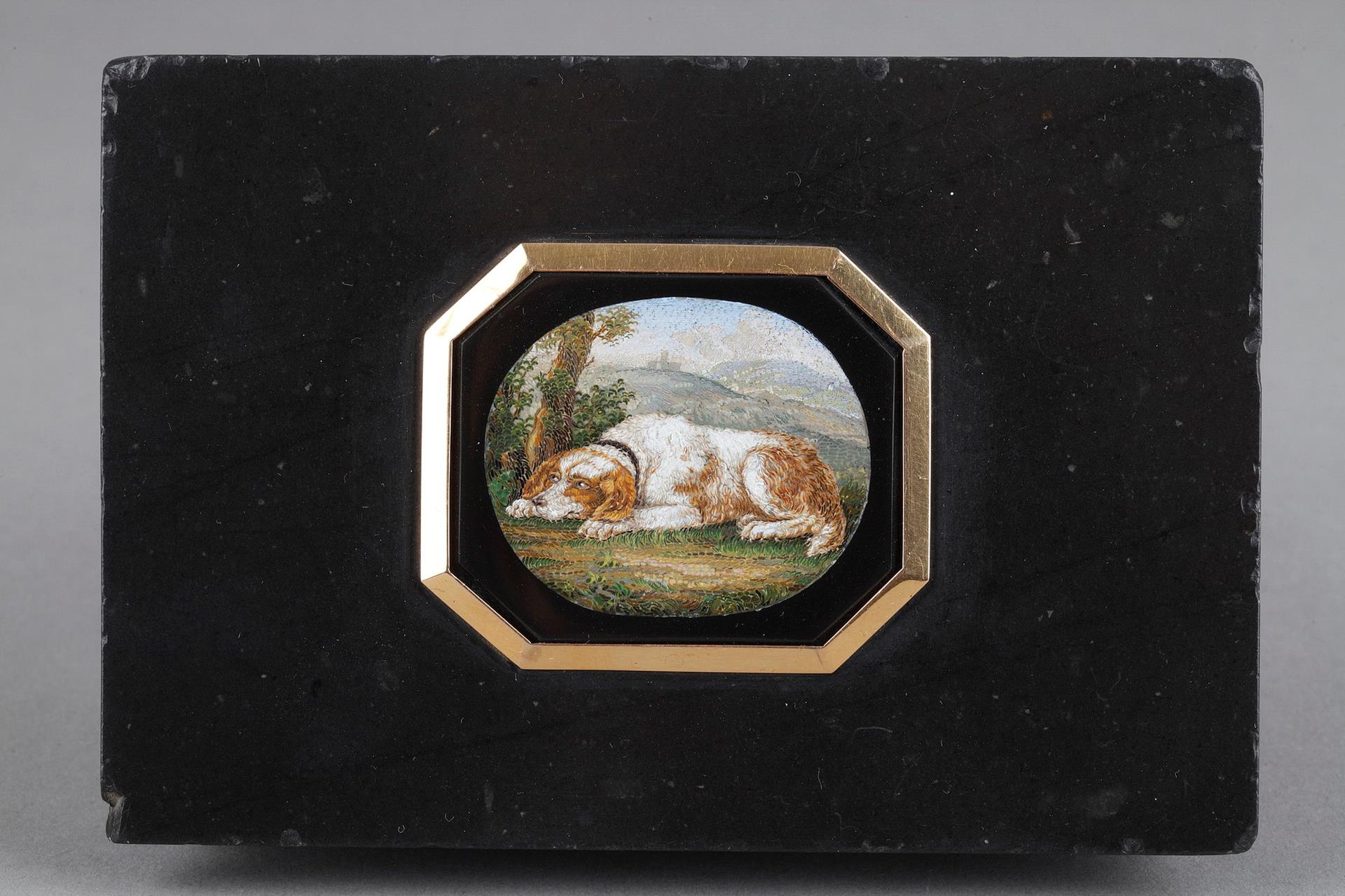 Micromosaic and gold paperweight. After G.Barberi. 
Early 19th century.