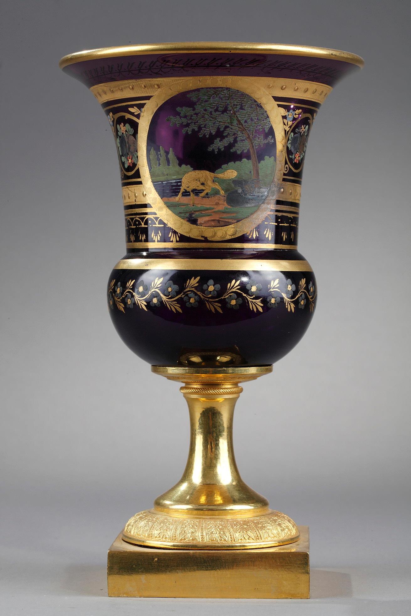 Opaline Medicis vase ormolu mounts inspired by La Fontaine' fables. 
The fox and the goat.
  Circa 1820-1830