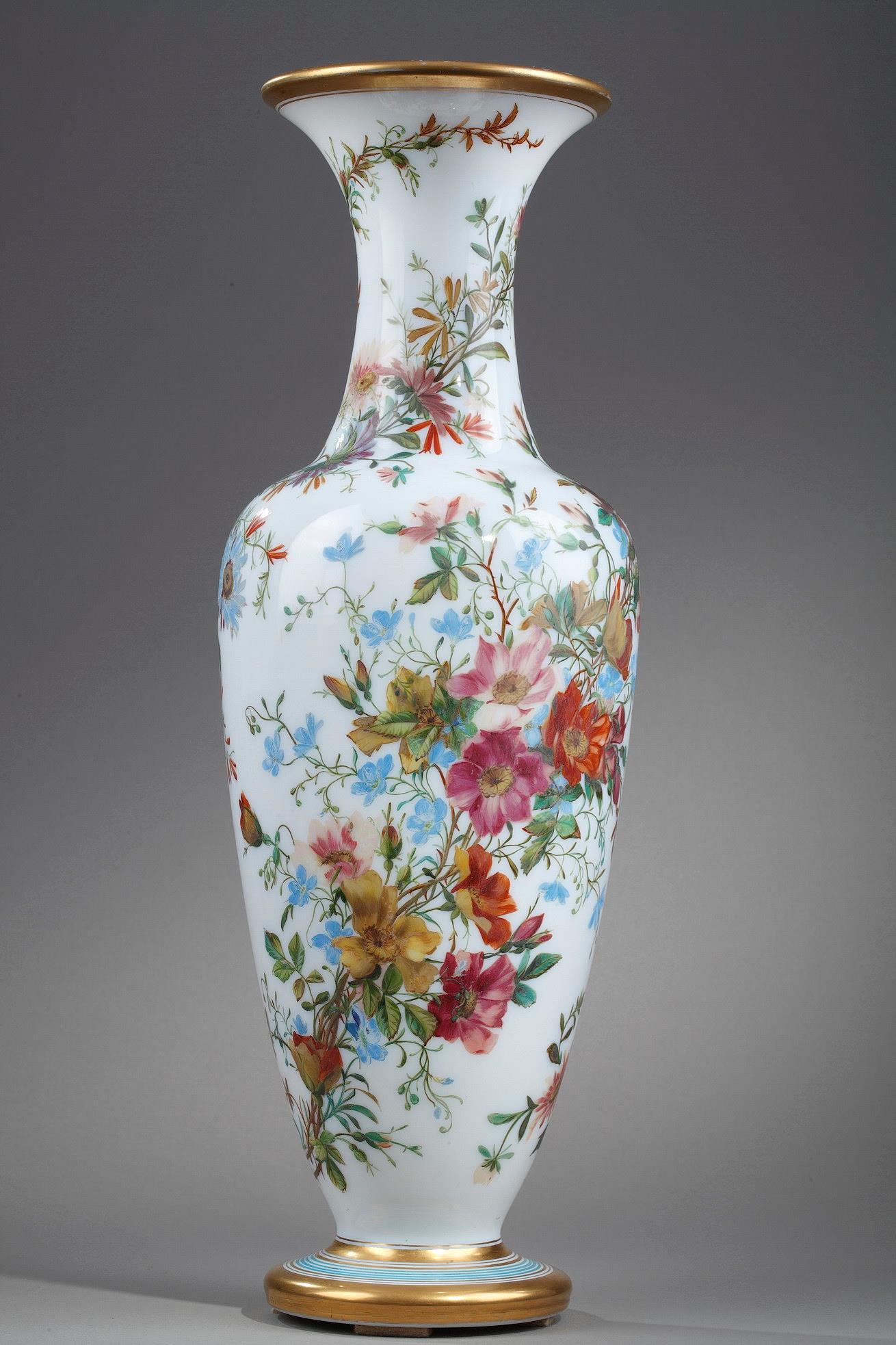Opaline Vase with Polychrome Flowers and Gold Bands. 
Mid-19th century.