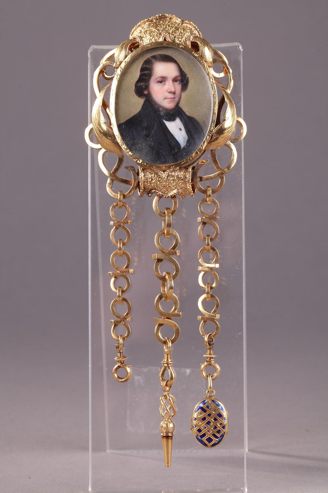 Gold Chatelaine with Portrait Signed Flavien Emmanuel Chabanne.