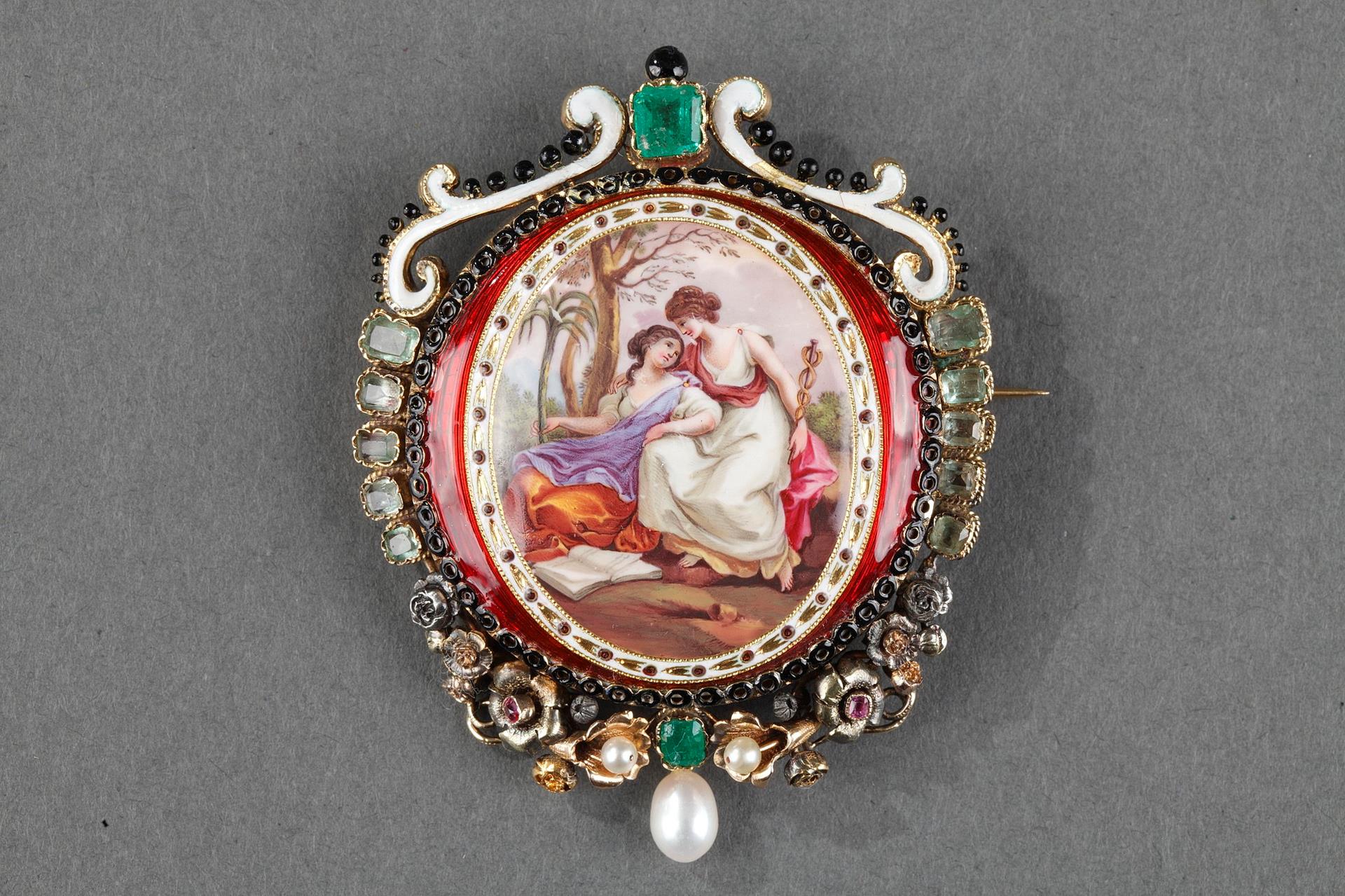 Gold-Mounted Brooch in gold, enamel and stones. 