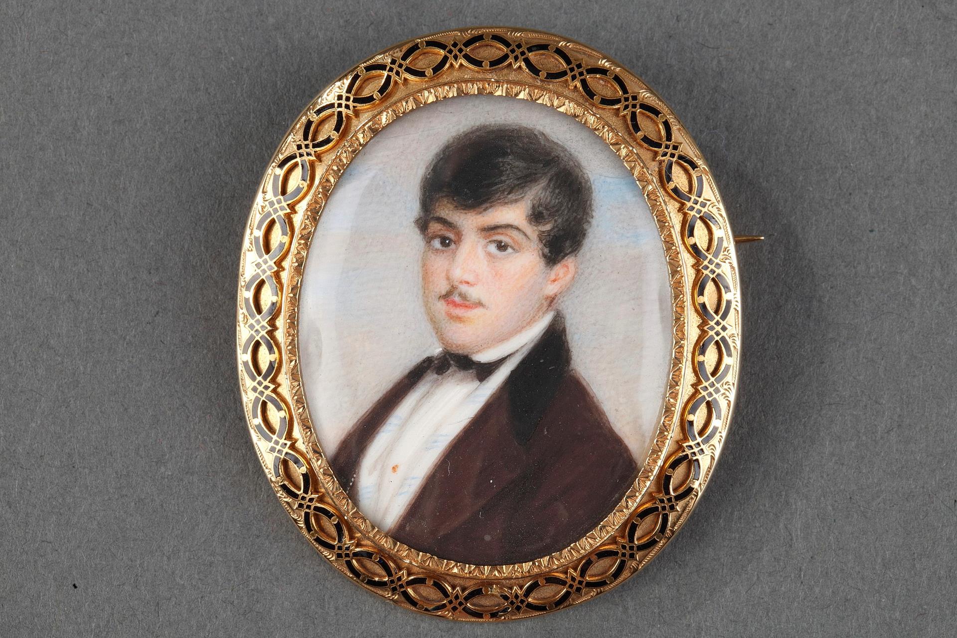 brooch, gold, enamel, black, portrait, man, 19th century, ivory