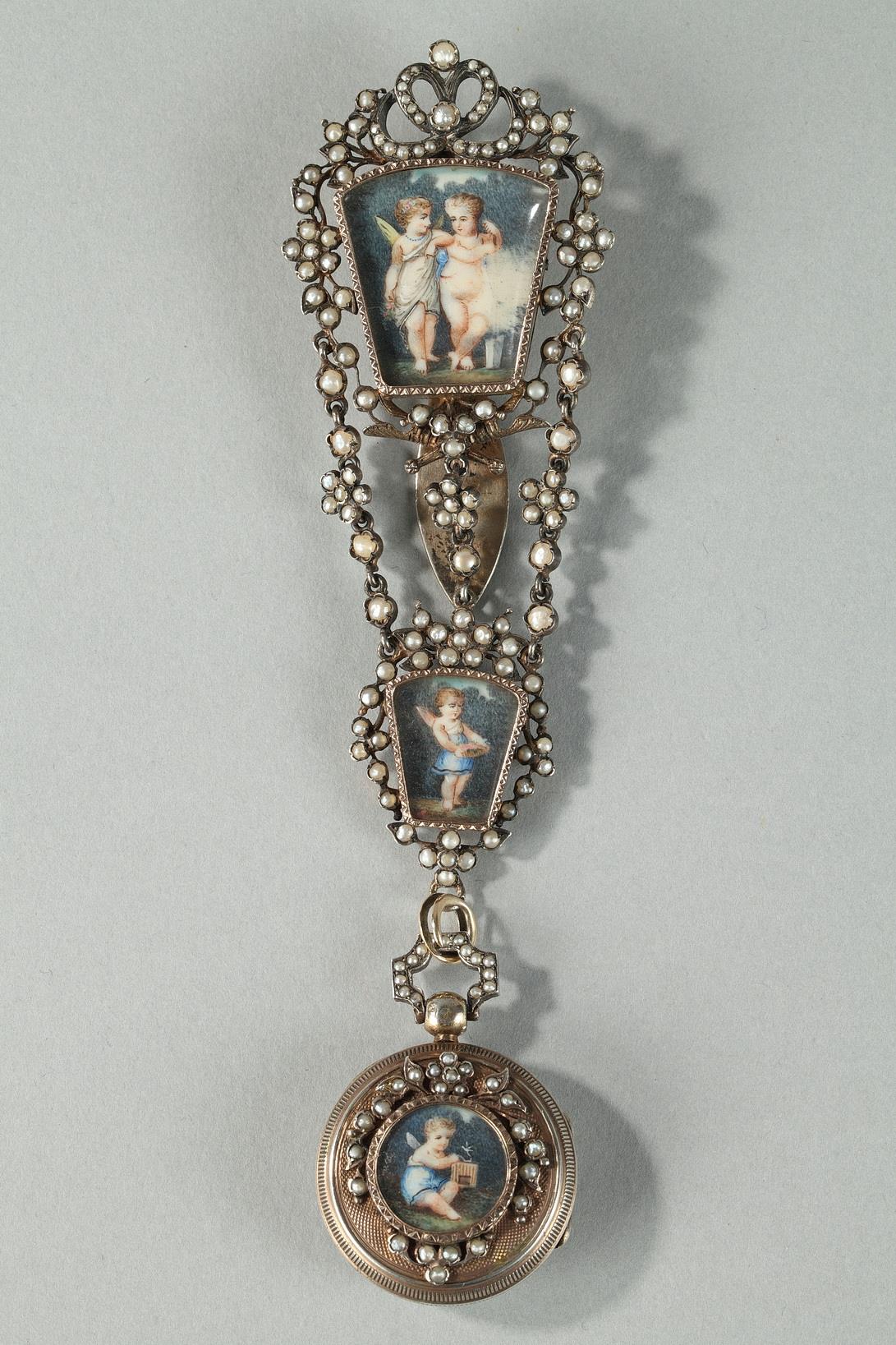 silver, chatelaine, clock, pearls, ivory, miniature, 19th century, Napoleon III