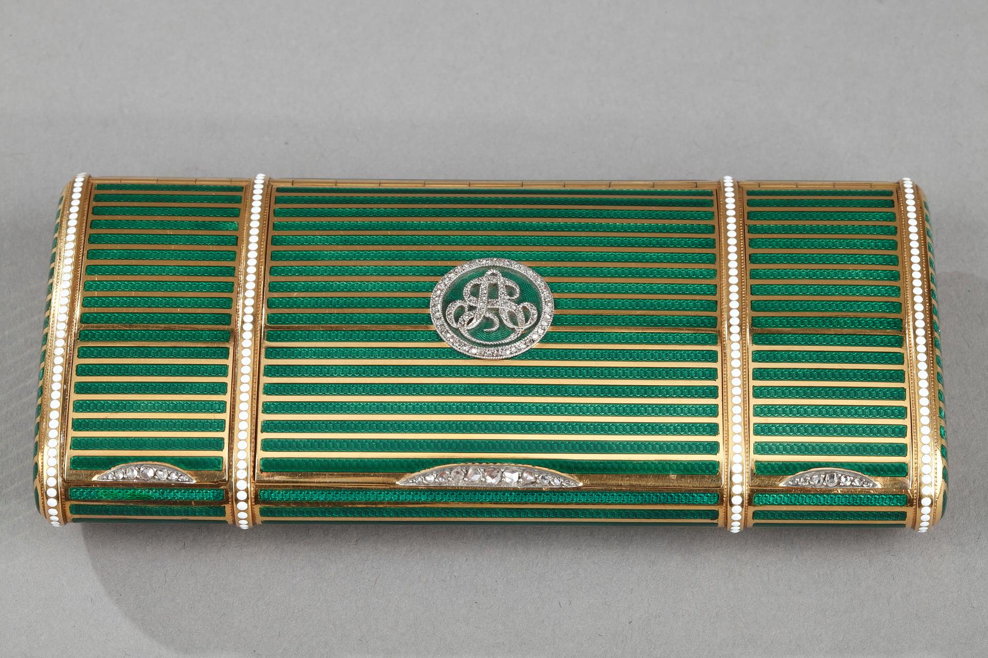 cigarette case in green enamel and  diamonds, 20th century, Russian