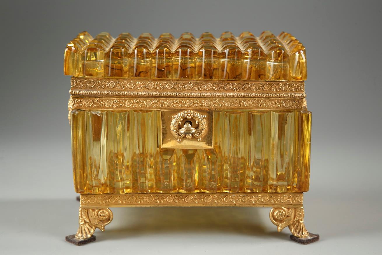 Early 19th century French cut crystal box in Rare Amber color.