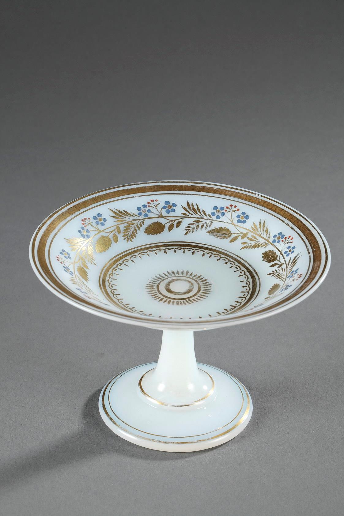 coupe, opaline, crystal, opale, glass, white, Charles, X, Restauration, 19th, century, gold, floral, forget-me-nots, rose, perfum, Jean-Baptiste, Desvignes, savonneux, polychrome