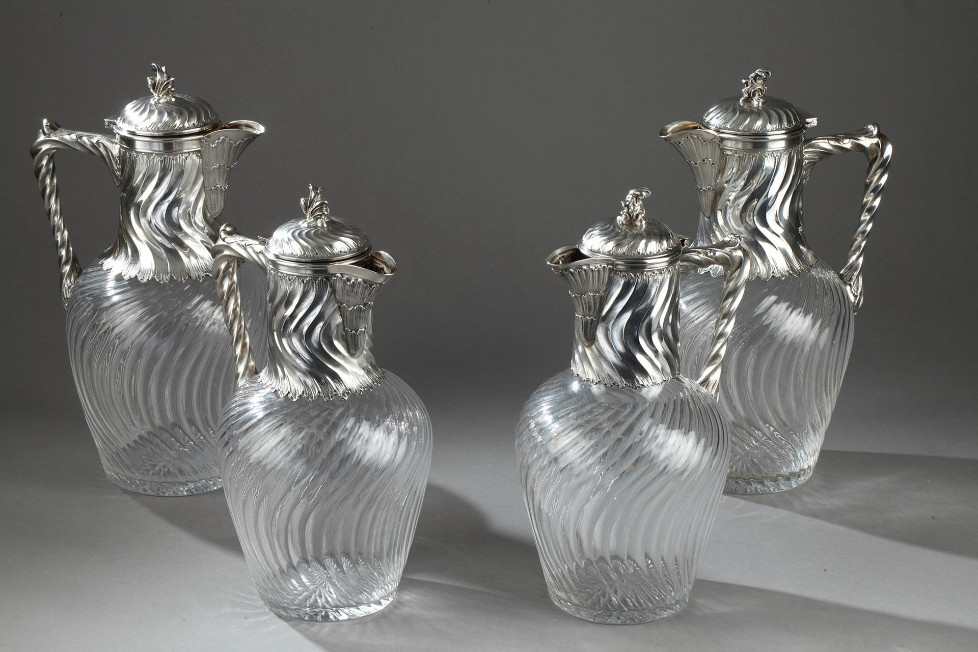 Suite Of 4 Ewers In Silver And Crystal.<br>19th Century.