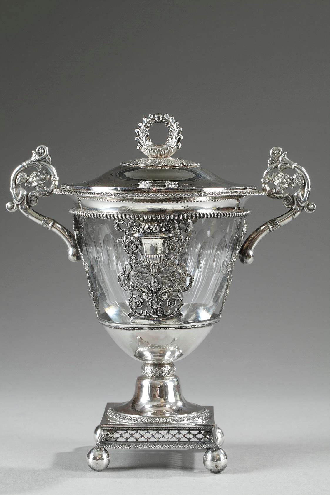 French Restauration Silver and Crystal Candy Dish.
