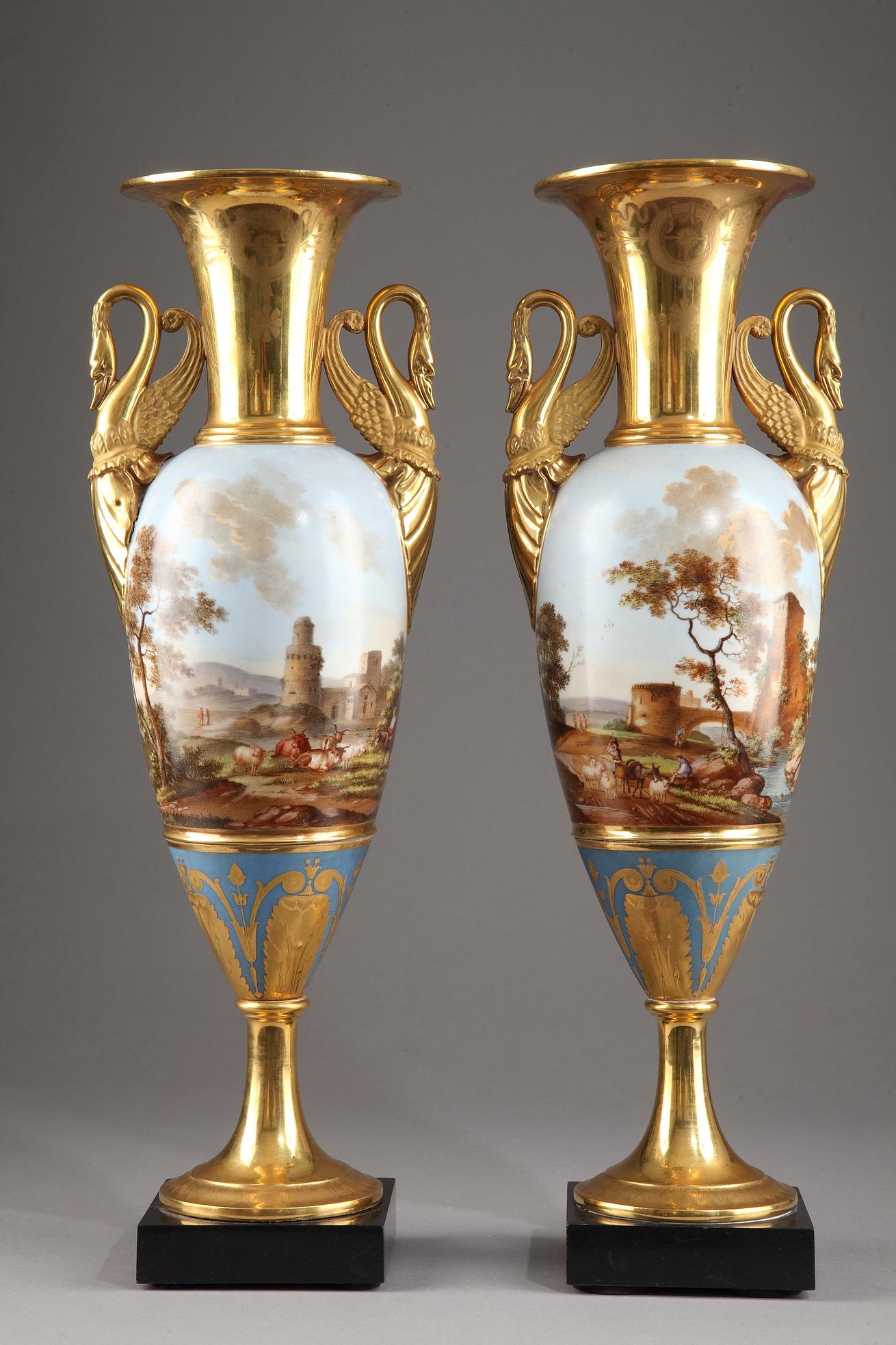 Pair of Large Fuseau Vases in Porcelaine de Paris.<br> Empire Period.
