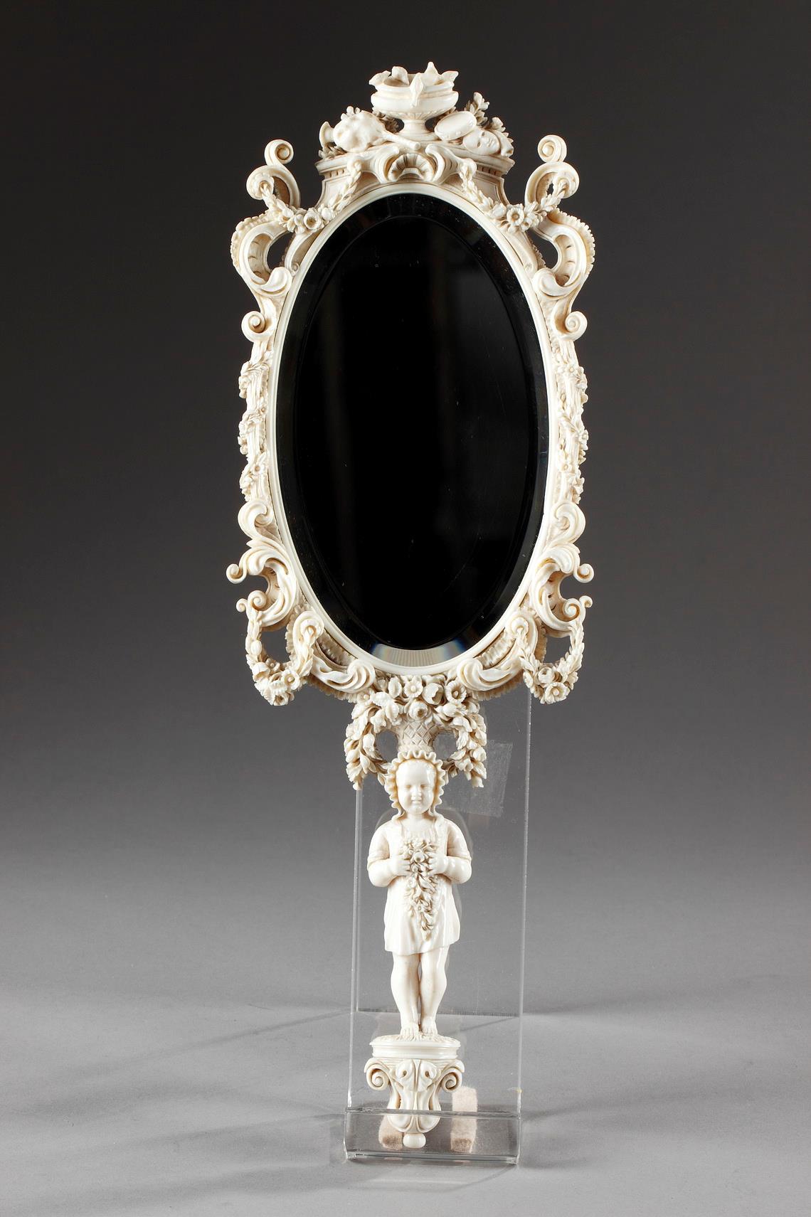 mid-19th Carved ivory mirror in Renaissance Revival, Dieppe. 