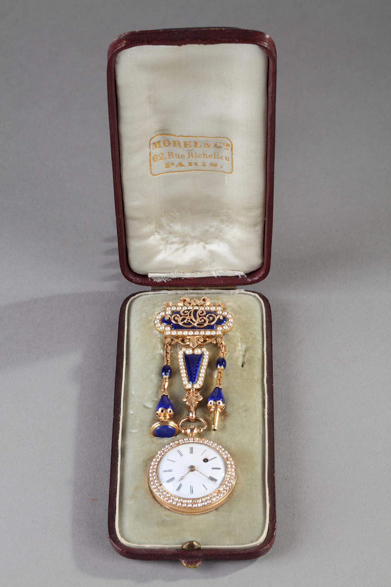 Chatelaine and watch in gold, pearls and enamel. Morel & Cie.<br> Napoléon III period. 