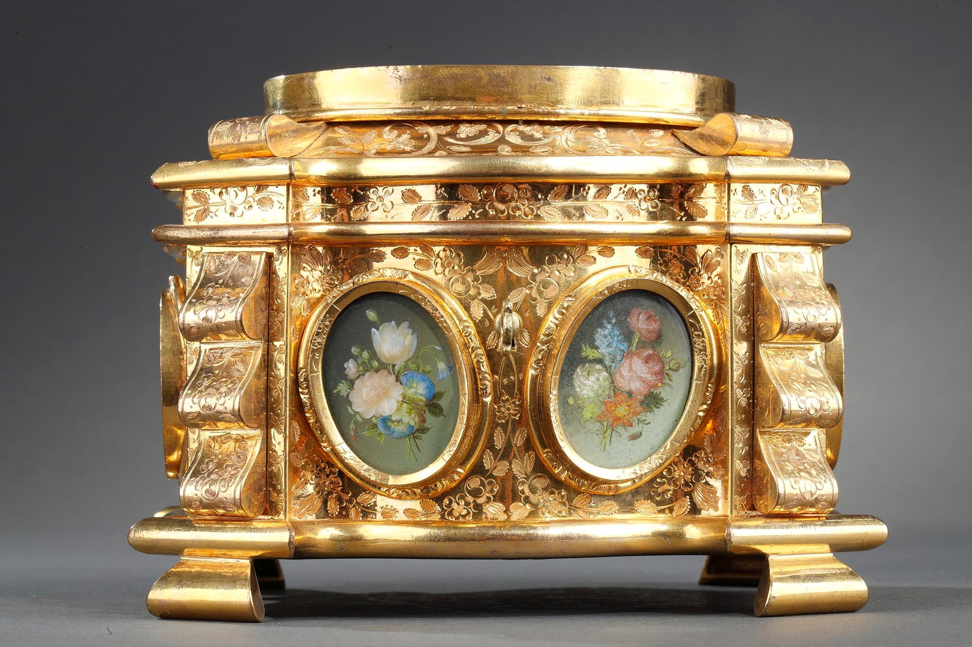 Mid-19th century engraved gilted bronze mounted casket with miniatures.