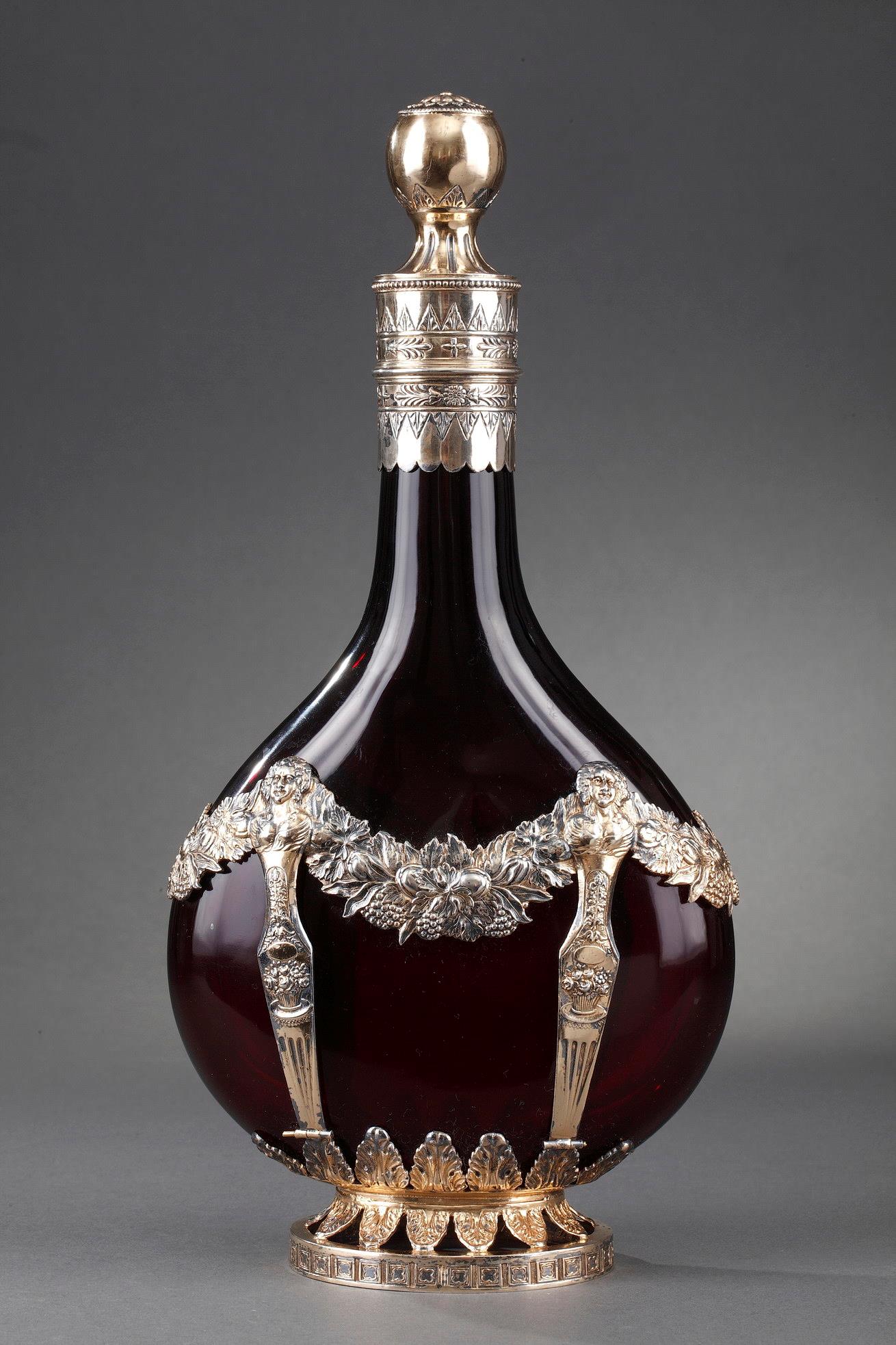 19th-century German silver mounted red crystal bottle
