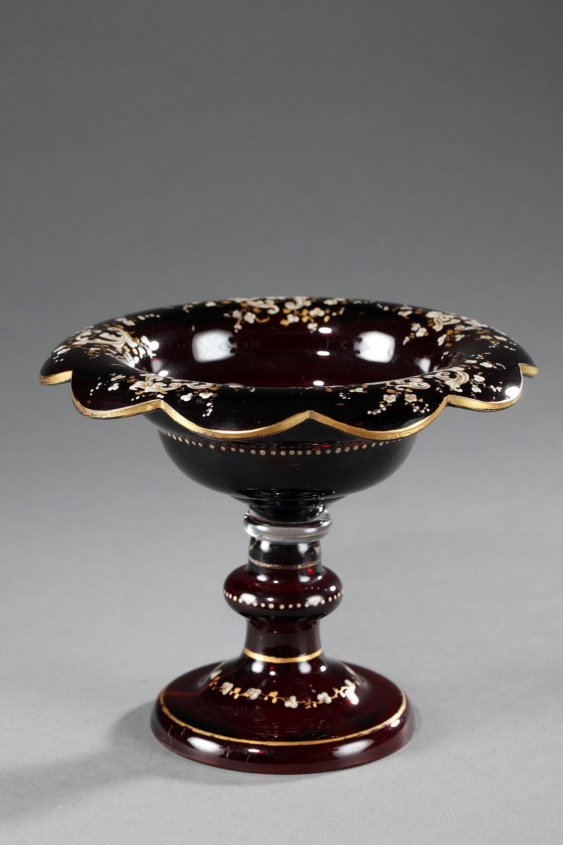 Mid-19th century Bohemia red crystal vase with enamelled decoration