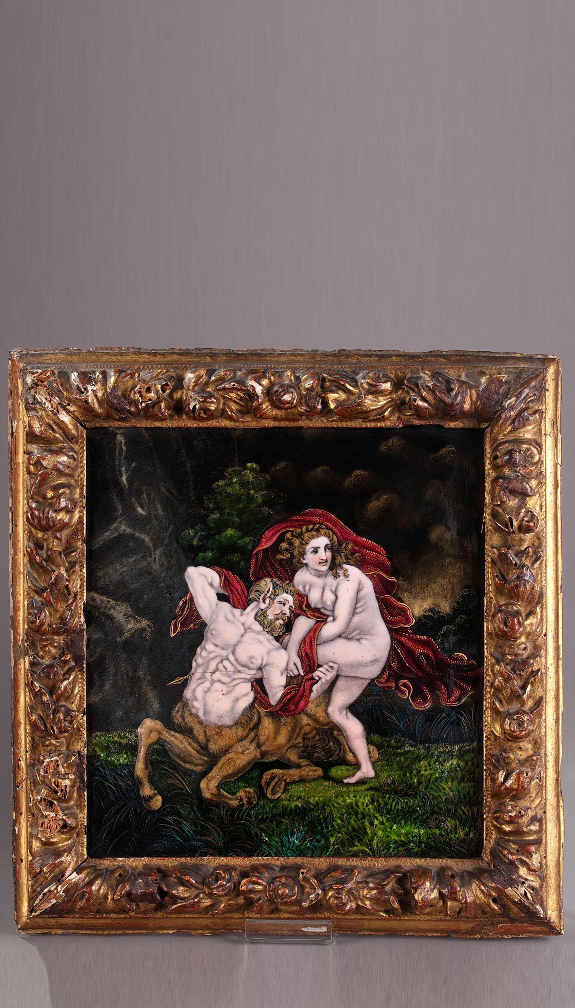 Limoges enamel plate of "Centaur Nessus" & gilded wood frame