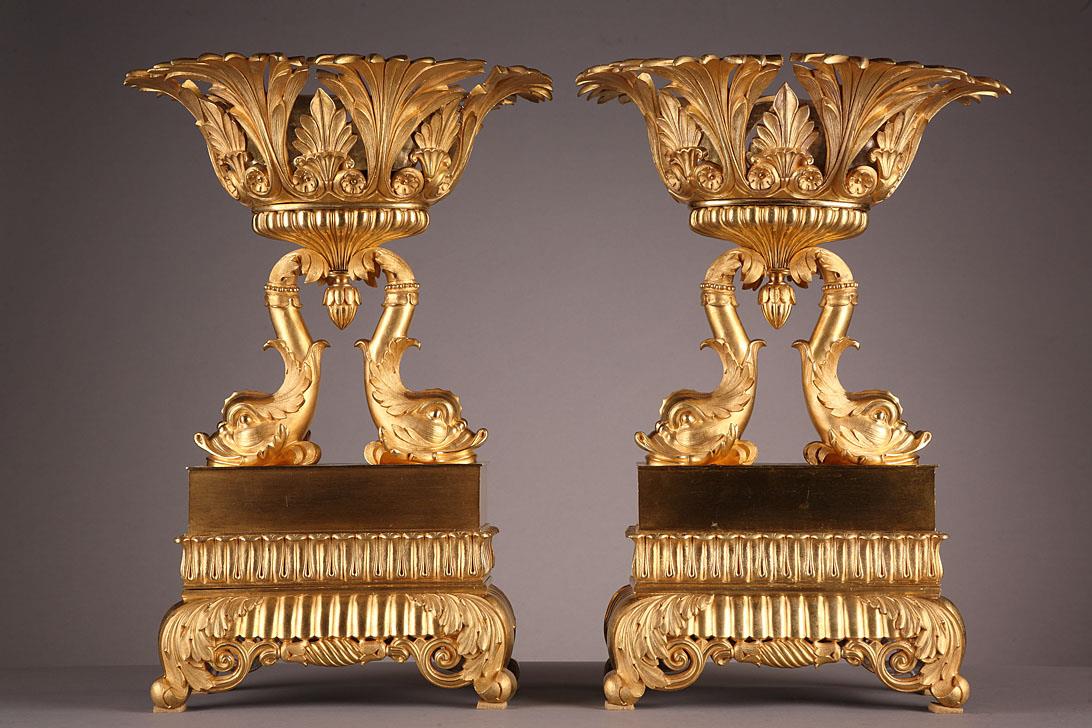 Mid-19th century French Restauration pair of cups with dolphins 